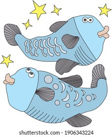 Signo zodiaco Pisces dibujados al estilo cómico sobre un fondo blanco. Señal de agua. Ilustración del vector