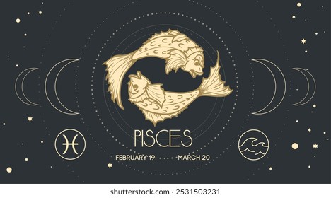 Signo del zodiaco Piscis en estilo de grabado dibujado a mano. Signo astrológico retro Plantilla de diseño de peces. Ilustración vectorial.