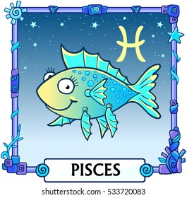 Zodiac Schild Pisces. Fantastisches Animationstier. Ein Hintergrund - der Sternenhimmel, ein Zierrahmen.  Vektorgrafik.