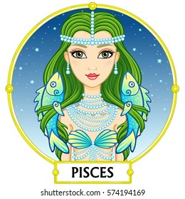 Zodiac sign Pisces. Fantastic princess, animation portrait. Background - a frame, the night star sky. Vector illustration isolated on white.