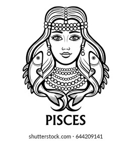Zodiac sign Pisces. Fantastic princess, animation portrait. Vector monochrome illustration isolated on a white background.