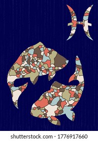 Zodiac sign Pisces fill with colorful muted mosaic shapes on the dark blue background with astrological symbols, vector illustration