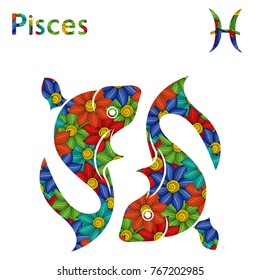 Zodiac sign Pisces with filling of colorful stylized flowers on a white background, vector illustration