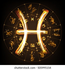 Zodiac sign Pisces in fire-show style on horoscope circle background. Circle with signs of zodiac and constellations.Vector illustration