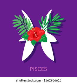Zodiac sign Pisces with flowers isolated on purple background.  Zodiac constellation. Vector illustration for horoscope and astrological forecast.