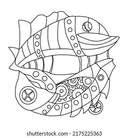 Zodiac sign pisces in the form of a steampunk-style airship. Illustration of an Astrological element in steampunk style, drawn in a linear doodle style. Drawing for a calendar or coloring book.