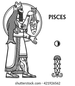 Zodiac sign Pisces. Full growth. Vector illustration. Black and white zodiac drawing isolated on white. Motives of Sumerian art.