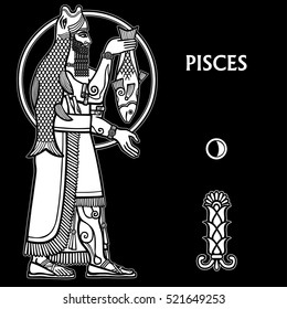  Zodiac sign Pisces. Full growth. White drawing isolated on a black background, based on motives of Sumerian art. Vector illustration.