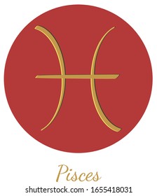 Zodiac sign Pisces, hand drawn vector with gold color and shadow isolated on the red and white background