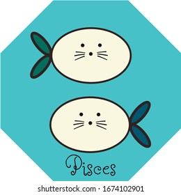 Zodiac sign Pisces, hand drawn cute cartoon vector with light gray fish with blue and green tails isolated on the light blue background