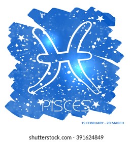 Zodiac sign: PISCES. Hand drawn vector scribble. Icons on a water color star background.