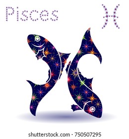 Zodiac sign Pisces, hand drawn vector stencil with stylized stars isolated on the white background 