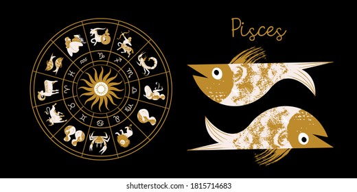 Zodiac sign Pisces. Horoscope and astrology. Full horoscope in the circle. Horoscope wheel zodiac with twelve signs vector. 