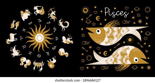 Zodiac sign Pisces. Horoscope and astrology. Full horoscope in the circle. Horoscope wheel zodiac with twelve signs vector. 