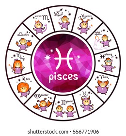 Zodiac sign Pisces with horoscope characters wheel isolated on white background. Design elements for flyers or greeting cards and etc.