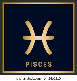 Zodiac sign Pisces. Horoscope. Isolated golden symbol on a blue background with a golden inscription. Vector illustration