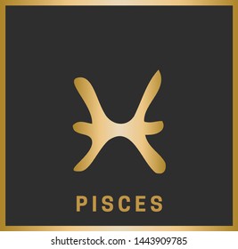 Zodiac sign Pisces. Horoscope. Isolated golden symbol on a black background with a golden inscription. Vector illustration