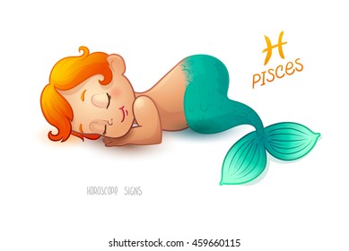 Zodiac sign PISCES. Horoscope. Little Redhead Mermaid Sleeps on the Seafloor. The child sees sweet dreams.