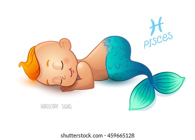 Zodiac sign PISCES. Horoscope. Little Redhead Mermaid Sleeps on the Seafloor. The child sees sweet dreams.