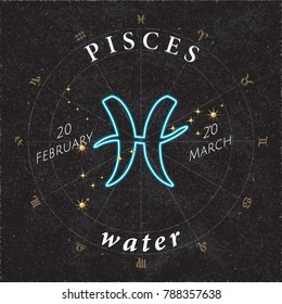 Zodiac Sign Pisces Inverted Logo and Water Lettering with Pisces Constellation Stars and Dates in Zodiac Circle - Gold and White Elements on Black Rough Paper Background - Vector Mixed Graphic Design