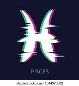 Zodiac sign Pisces isolated on dark background. Glitch stereo effect. Zodiac constellation. Vector illustration for horoscope and astrological forecast.