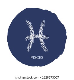 Zodiac sign Pisces isolated on blue background. Zodiac constellation. Design element for horoscope and astrological forecast. Hand drawn style. Vector illustration.