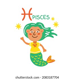 Zodiac sign Pisces isolated on white background. Cute child character. Zodiac constellation. Vector illustration. Flat design element for horoscope and astrological forecast.