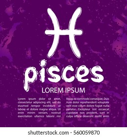Zodiac sign Pisces isolated on grunge purple background. Element Water. Design element for flyers or cards.