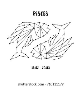 Zodiac sign Pisces isolated on white background. Design element for flyers or greeting cards, emblem, logo. Vector astrological symbol.
