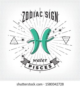 Zodiac Sign Pisces Logo and Earth Lettering with Pisces Constellation Stars and Dates over Rays Circle - Black on White Striped Background - Vector Vintage Graphic Design