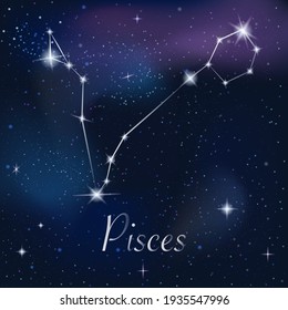 Zodiac sign Pisces on against the background of the starry sky. Constellation Pisces on starry night background. Astrological zodiac against the background of space.