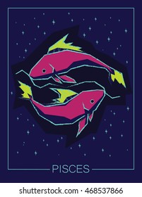 Zodiac sign Pisces on night starry sky background. Vector illustration.