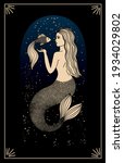 Zodiac sign Pisces. Silhouette of the astrological sign of gold color on a dark background. Magical illustration of a mermaid. Mermaid with a fish. Mythical drawing. Starry sky. Blue glow
