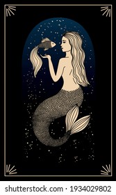 Zodiac sign Pisces. Silhouette of the astrological sign of gold color on a dark background. Magical illustration of a mermaid. Mermaid with a fish. Mythical drawing. Starry sky. Blue glow