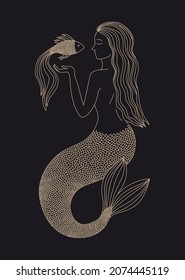 Zodiac Schild Pisces. Silhouette des astrologischen Zeichens von goldener Farbe auf dunklem Hintergrund. Magische Illustration einer Meerjungfrau. Meerjungfrau mit einem Fisch. Mythische Zeichnung. Sternenhimmel. Lineare Silhouette.