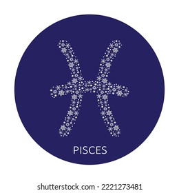 Zodiac sign Pisces with snowflakes isolated on a blue background. New Year zodiac constellation. Design element for horoscope and astrological forecast. Vector illustration.