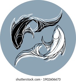 Zodiac sign Pisces. Two fish in a circle. Twin fish yin and yang concept. Design for clothes, dishes, paper, cards, books, tattoo, logo