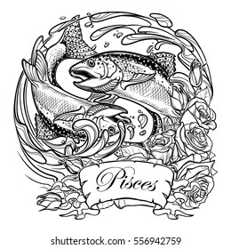 Zodiac sign - Pisces. Two fishes jumping from the water. Circle composition, decorative frame of roses. Vintage art nouveau style concept art for horoscope, tattoo or colouring book. EPS10 vector