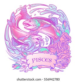 Zodiac sign - Pisces. Two fishes jumping from the water. Circle composition, decorative frame of roses. Vintage art nouveau style concept art for horoscope, tattoo or colouring book. EPS10 vector