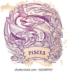 Zodiac sign - Pisces. Two fishes jumping from the water. Circle composition, decorative frame of roses. Vintage art nouveau style concept art for horoscope, tattoo or colouring book. EPS10 vector