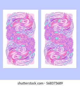 Zodiac sign - Pisces. Two fishes jumping from the water. Circle composition, decorative frame of roses ans water swirls. Vertical banners set. EPS10 vector illustration.