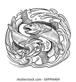 Zodiac-Schild - Piszen. Zwei Fische springen aus dem Wasser. Zirkelzusammensetzung, dekorative Wasserwirbel. Vintage Art Nouveau Konzept Kunst für Horoskop, Tattoo oder Farbbuch. EPS10-Vektor