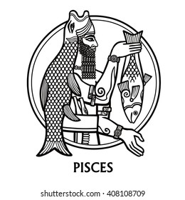 Zodiac sign Pisces. Vector art. Black and white zodiac drawing isolated on white.