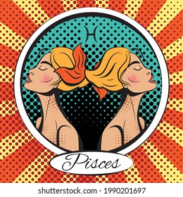 Zodiac sign Pisces woman. Pop art vector illustration. Line art, ideal for poster, print, postcard, colouring book.	
