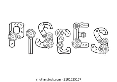 Zodiac sign  pisces written in decorative font in steampunk style. The fishes inscription is in the form of letters decorated with gears. The original decor for the horoscope. 
