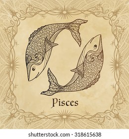 Zodiac sign Pisces in zentangle style