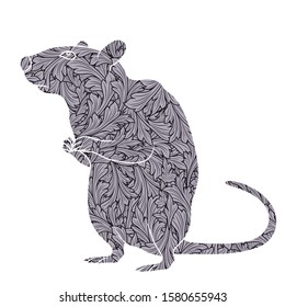 Zodiac Sign Rat, symbol of New Year on the Eastern calendar, hand drawn vector stencil with monochrome leaves isolated on a white background