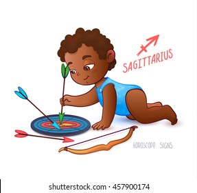 Zodiac sign SAGITTARIUS.  African American kid pokes a shot at a target. Horoscope sign SAGITTARIUS. Little babyboy. Arrows, bow and target lie on the floor.