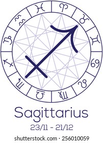 Zodiac sign - Sagittarius. Astrological chart with symbols in wheel with polygonal background. Deep blue color with caption and dates. Vector illustration.