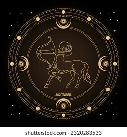 Zodiac sign Sagittarius, astrological horoscope sign in a mystical circle with moon, sun and stars. Golden design, vector	
